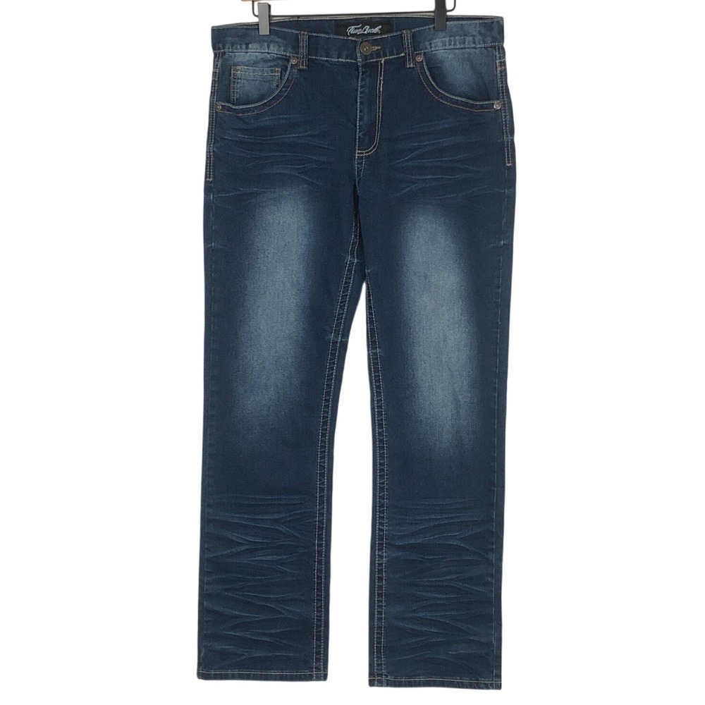 TRUE LUCK Straight Leg Dark Wash Whiskered Denim Jeans Men's 32x32